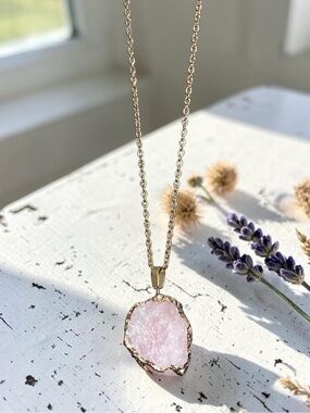 ROSE QUARTZ 14k gold plated raw cut natural stone pendant necklace gold chain